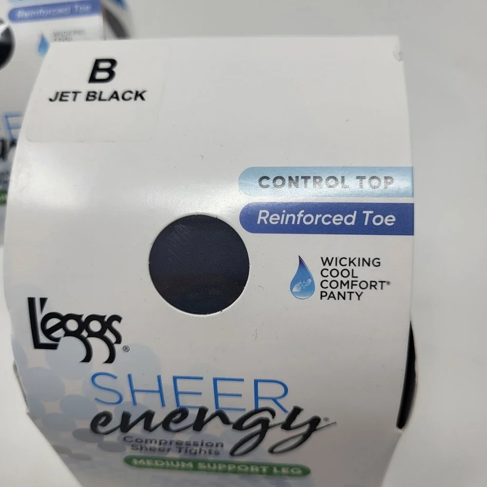 2 pair L'eggs Sheer Energy Medium‎ Jet Black B Support Control Top Compression